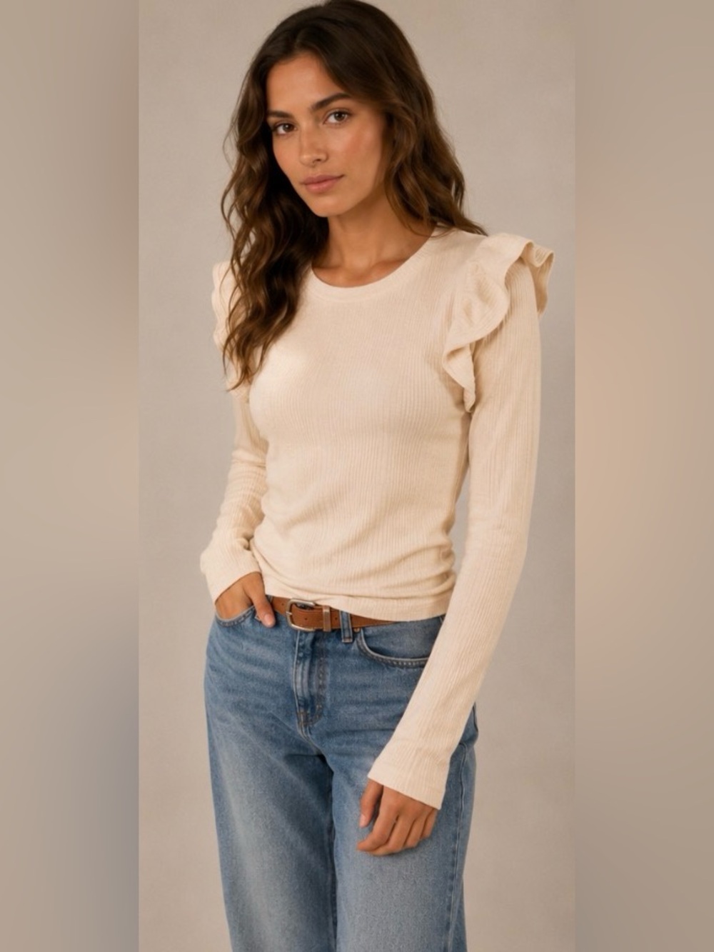 Zara Cream Ribbed Ruffle-Shoulder Long Sleeve Top